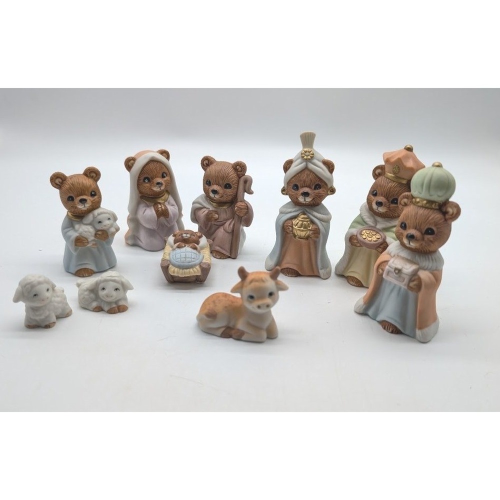 VIntage Homco Bear Nativity #5412 10 Piece Set Porcelain Jesus Christmas Holiday
